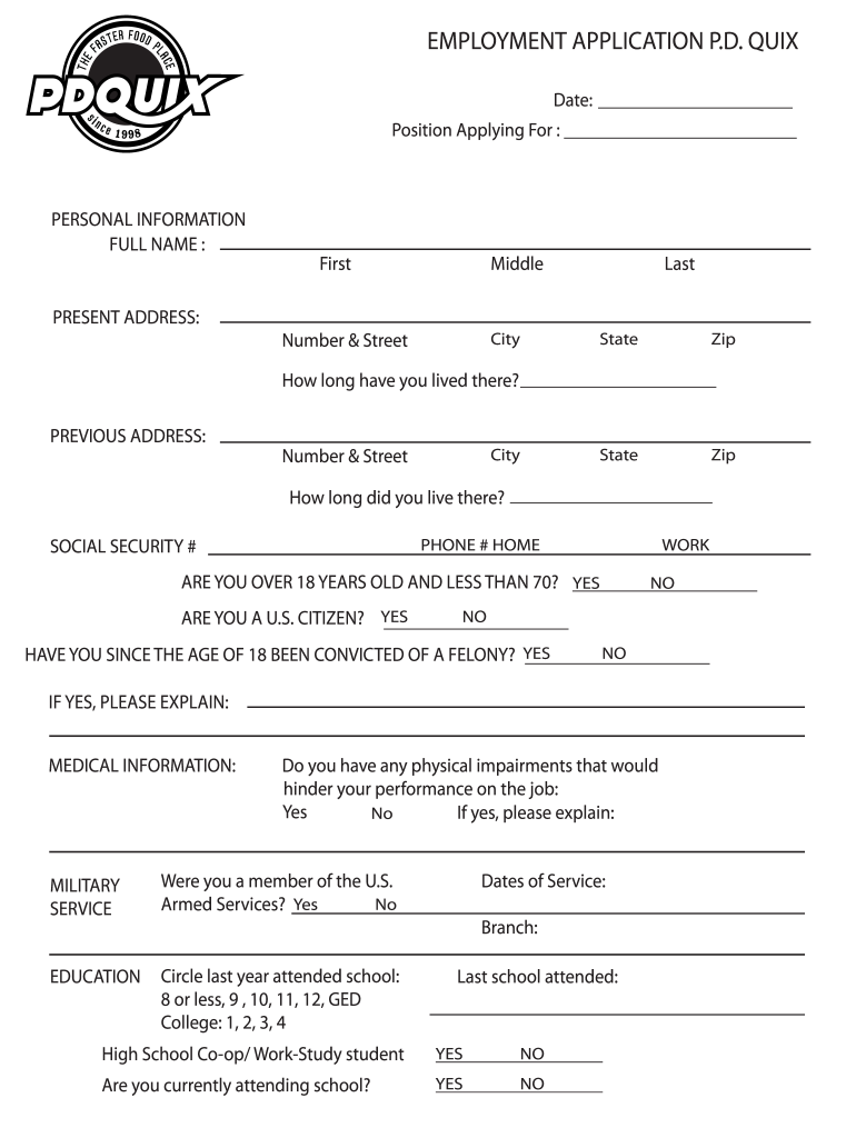 Pd Quix Application  Form