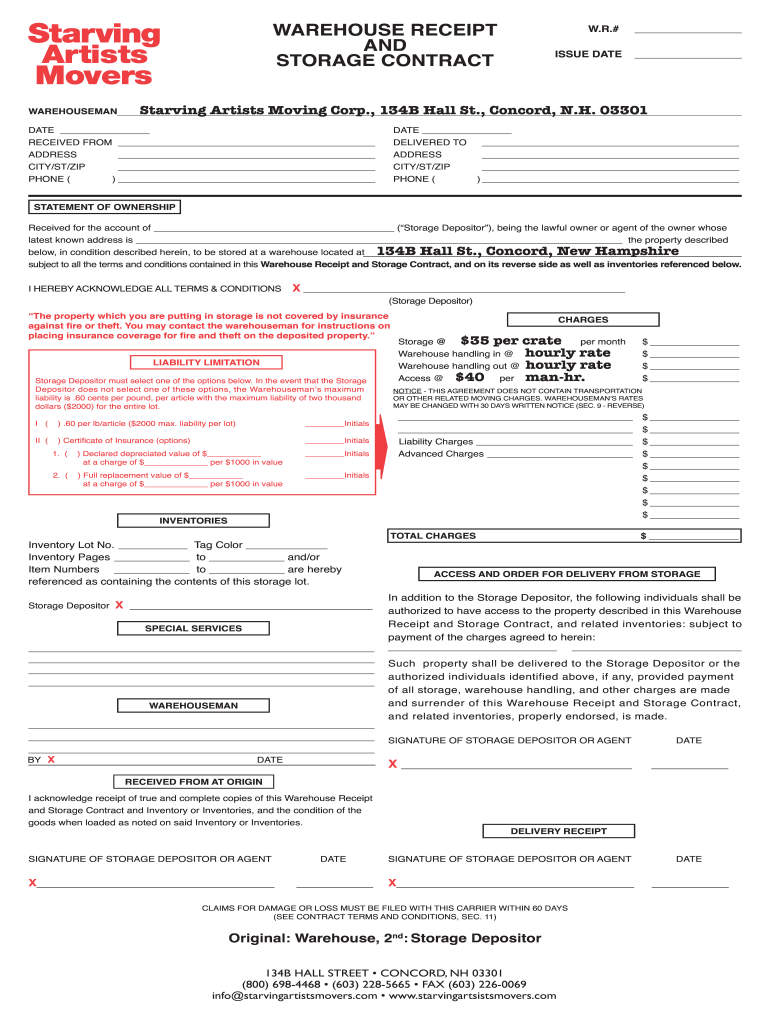 Warehouse Receipt and Storage Contract Starving Artist Movers  Form