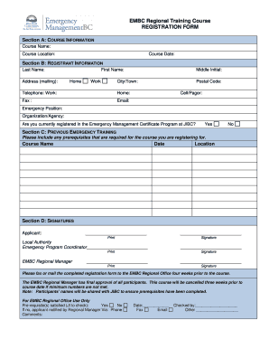 EMBC Regional Training Course REGISTRATION FORM