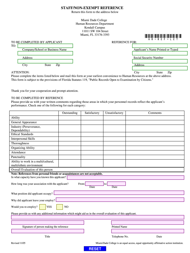 STAFFNON EXEMPT REFERENCE RESET  Miami Dade College  Mdc  Form