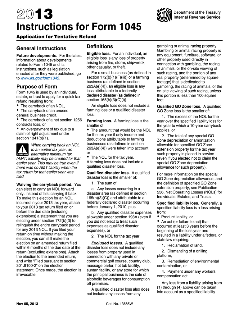  Instructions for Form 1045 Instructions for Form 1045, Application for Tentative Refund Irs 2013