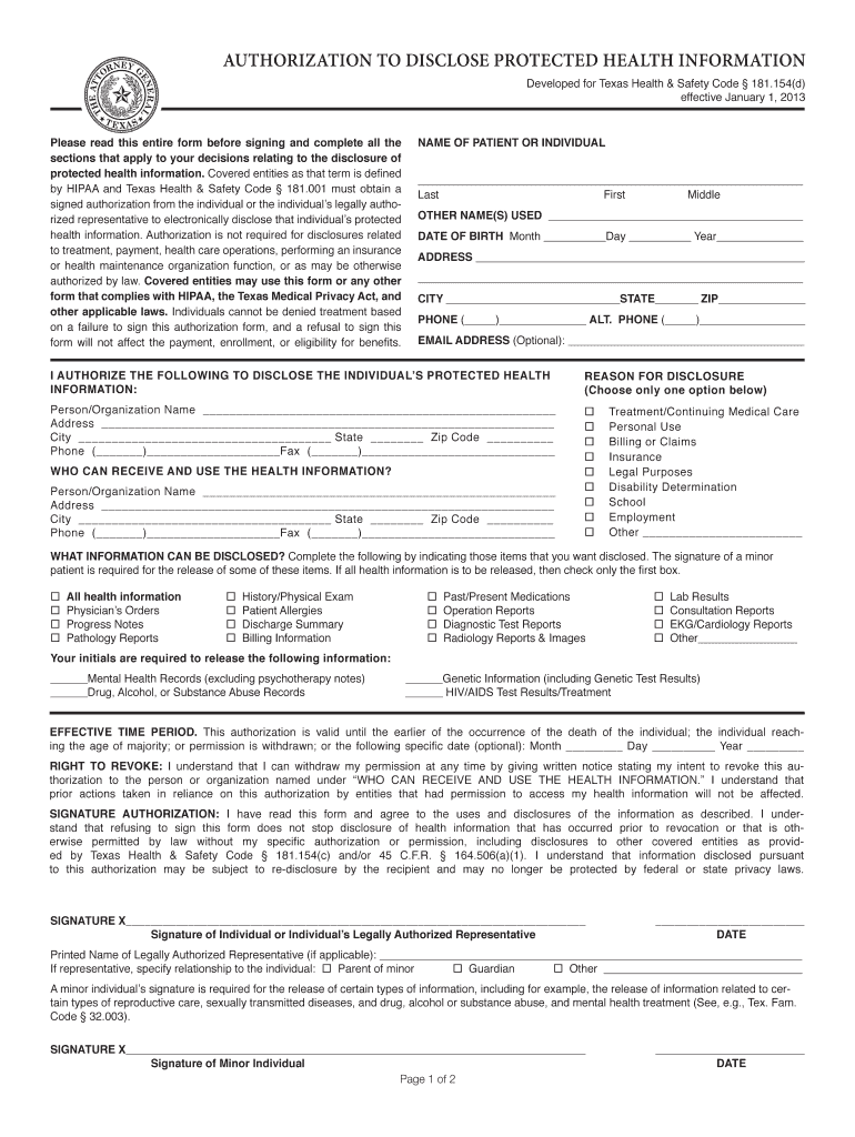  Authorization to Disclose Protected Health Information Form 2013-2024