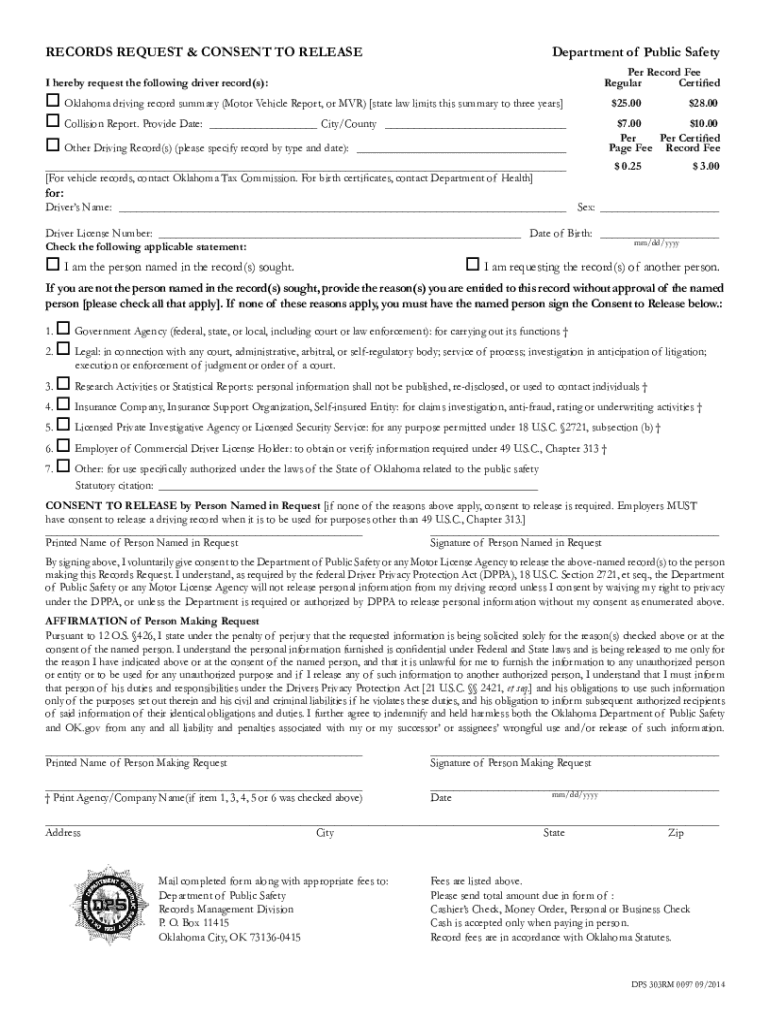  Records Request Form  Oklahoma Department of Public Safety  Dps State Ok 2014