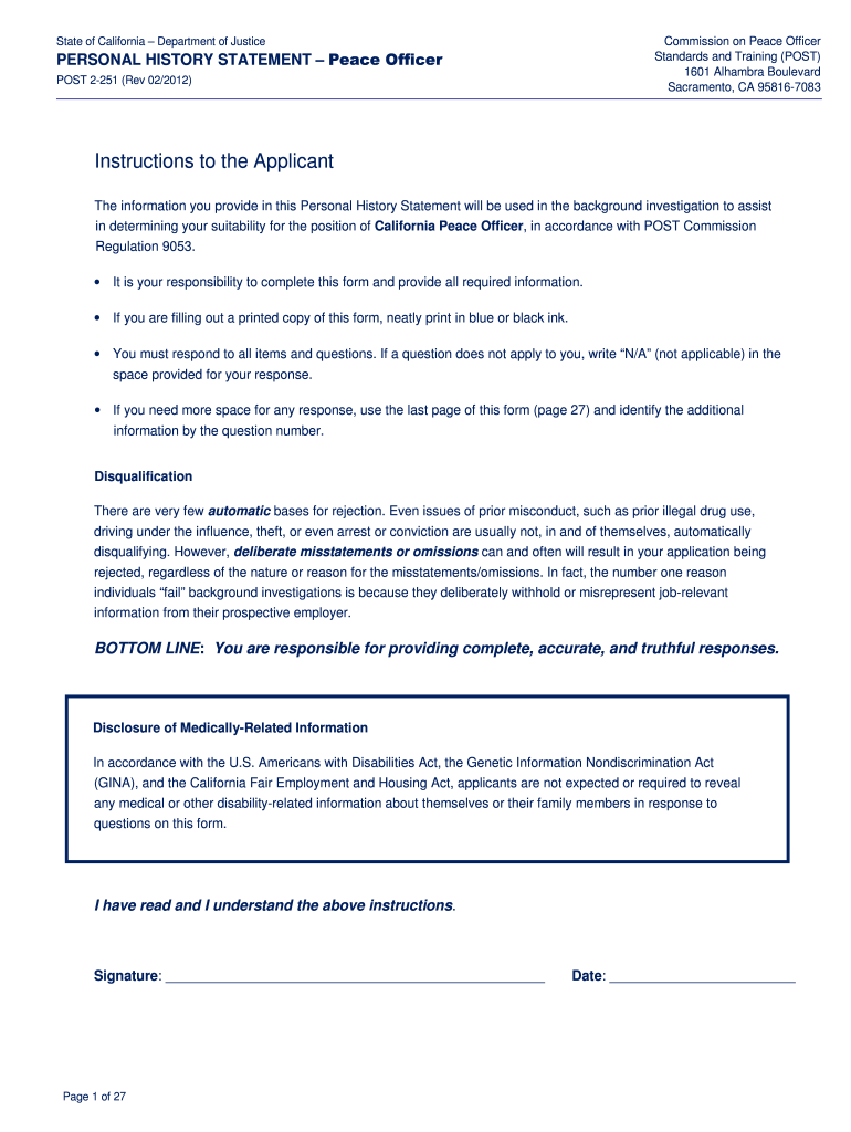  Post Personal History Statement Form 2012