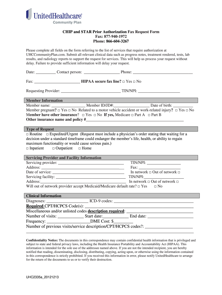 CHIP and STAR Prior Authorization Fax Request Form