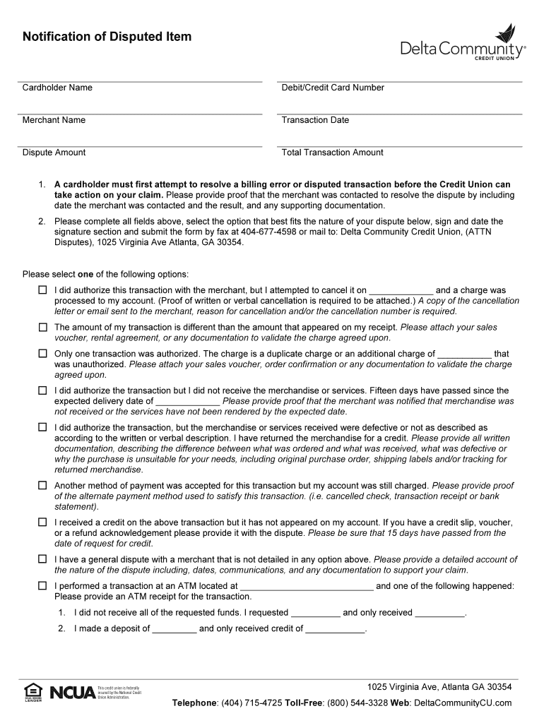 Delta Community Credit Union Dispute  Form