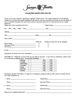 Volunteer Usher Application Saenger Theatre  Form
