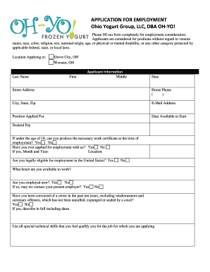 To Download Our Job Application OH YO! Frozen Yogurt  Form