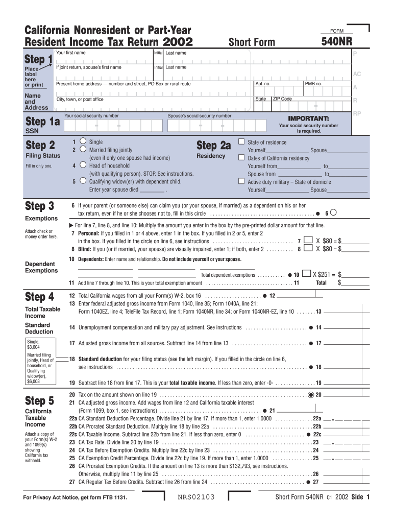  Form 540NR, California Nonresident or Part Year Resident Income Tax Return Short Form 540NR 2002