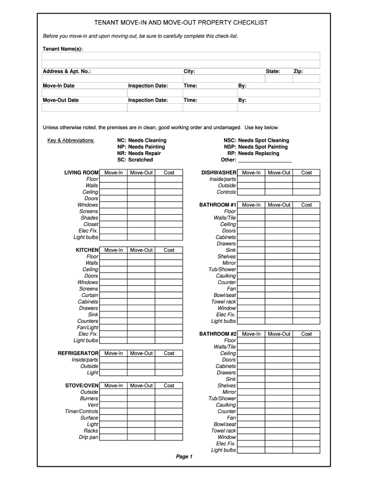Tenant Move Out Property  Form
