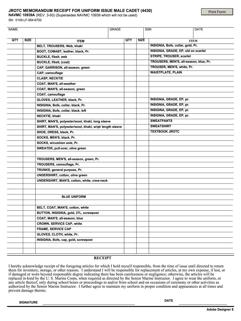 Memorandum Receipt  Form