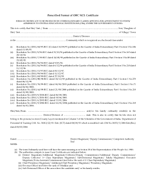 Obc Certificate Format of Central Government