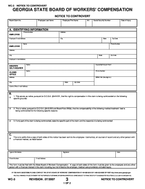 Georgia State Board of Workers Compensation Form Wc 3