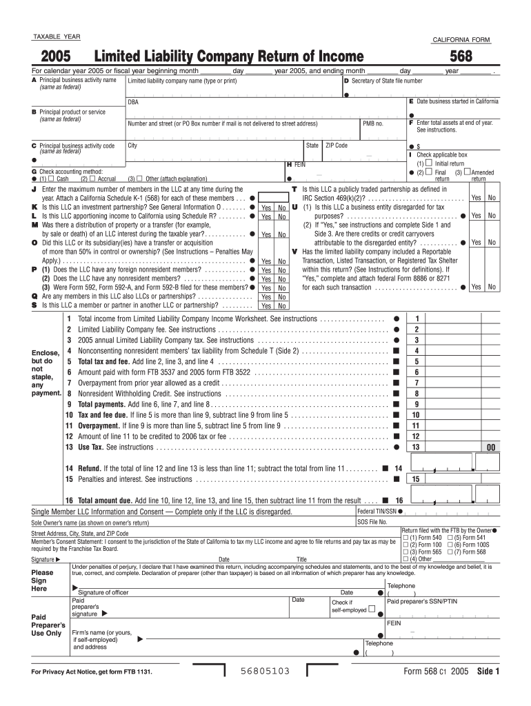 Limited Liability Company Return of Income California Form 568 Ftb Ca