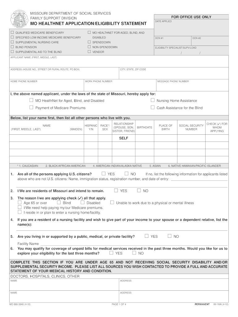 MISSOURI DEPARTMENT of SOCIAL SERVICES FAMILY SUPPORT DIVISION for OFFICE USE ONLY DATE APPLIED MO HEALTHNET APPLICATIONELIGIBIL  Form