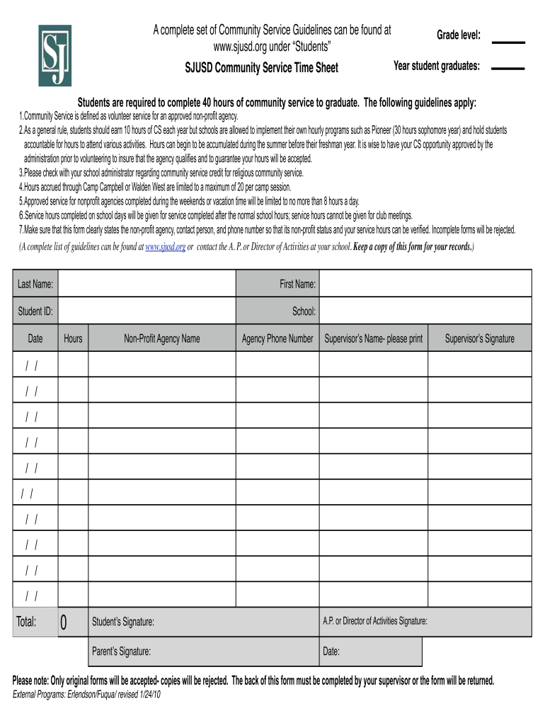 Community Service Time Sheet  Form