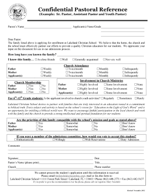 Pastoral Reference Form Lakeland Christian School