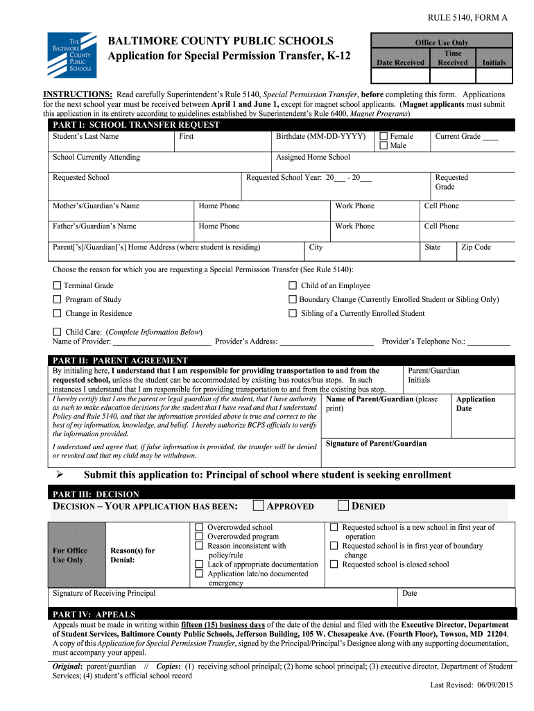  Application for Special Transfer, K 12  Baltimore County Public    Bcps 2015