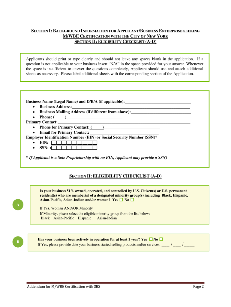 Addendum for M Wbe Certification with Sbs  Form