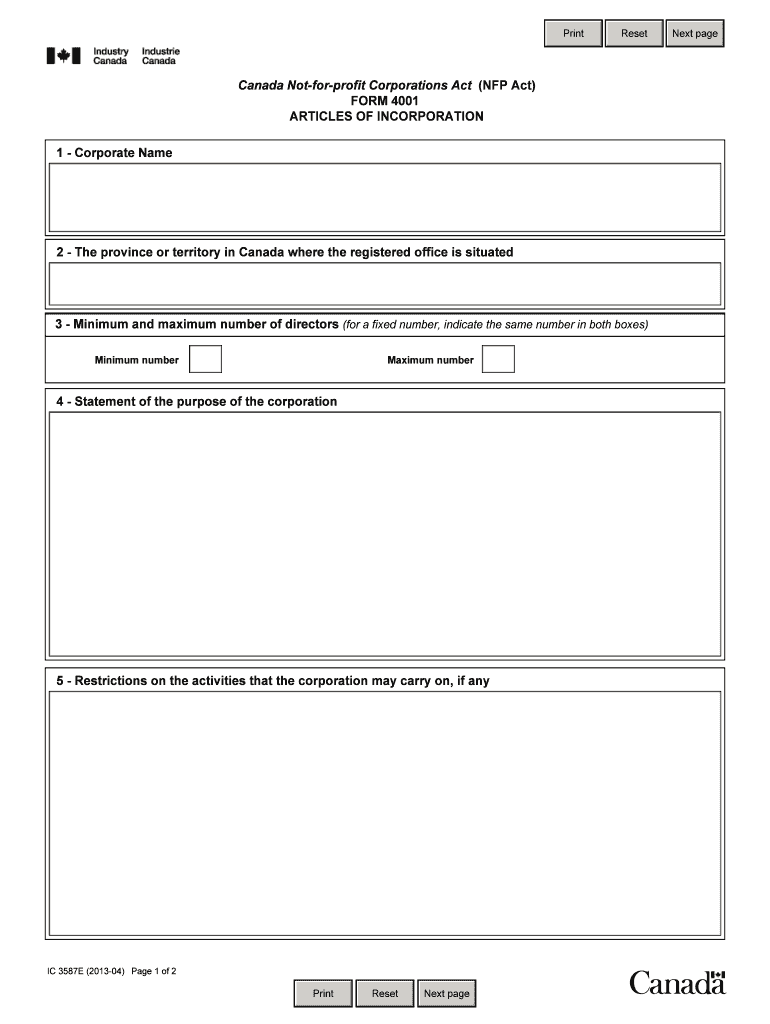  IC3587 Form 4001  Articles of Incorporation  Ic Gc 2013