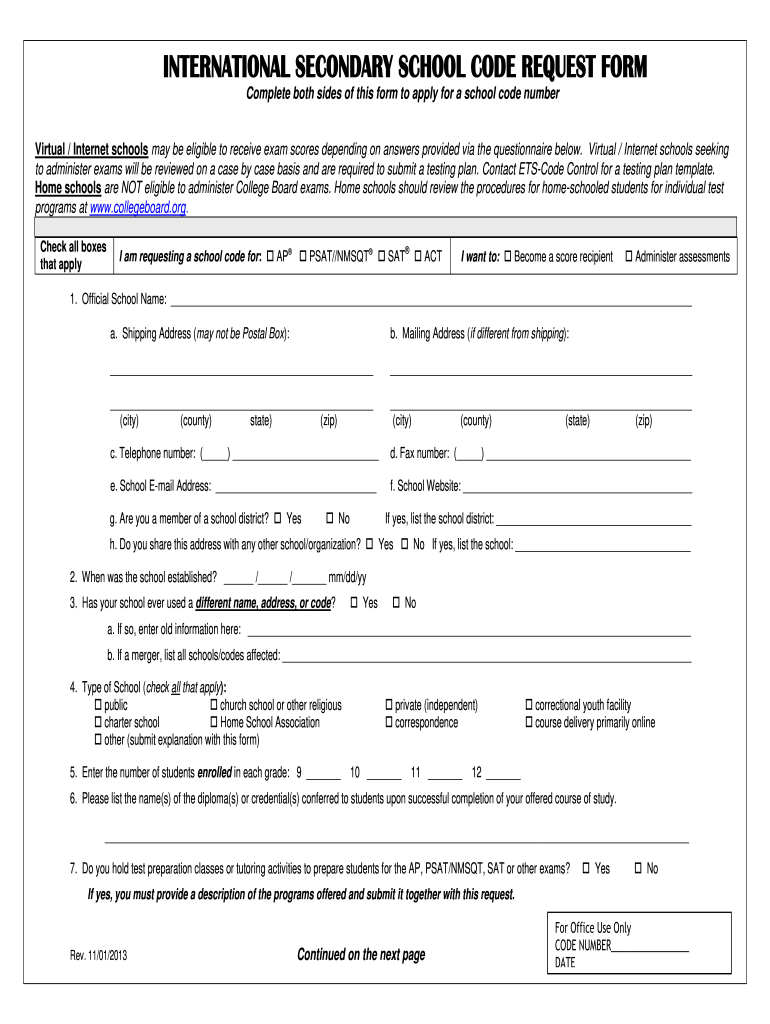  HIGH SCHOOL CODE REQUEST FORM  the College Board 2013