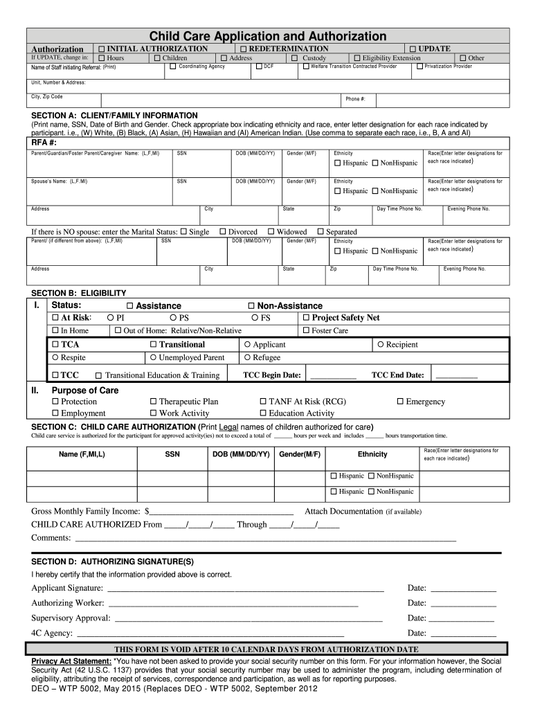 Child Care Application and Authorization Form