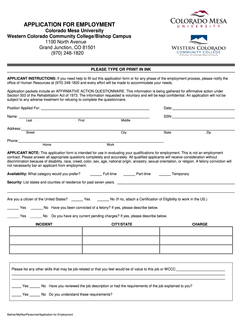 APPLICATION for EMPLOYMENT  Colorado Mesa University  Coloradomesa  Form