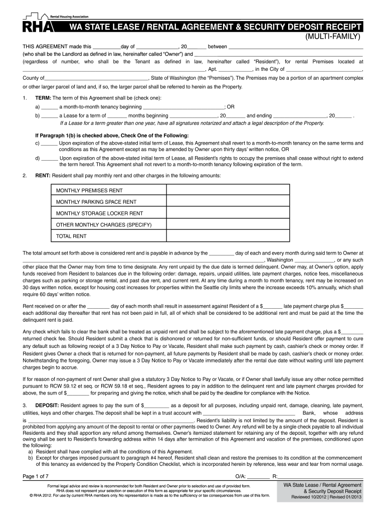 WA STATE LEASE RENTAL AGREEMENT &amp; SECURITY DEPOSIT RECEIPT  Form