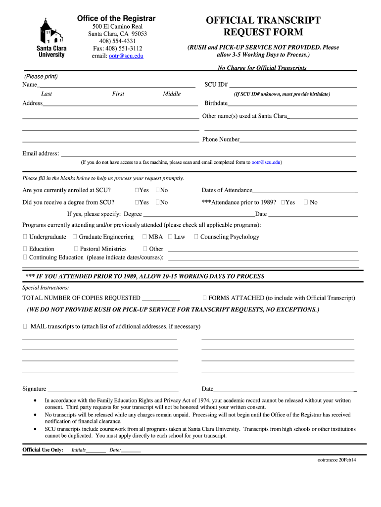 Transcript Request Form  Santa Clara University  Scu 2014