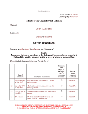  List of Documents Format in Court 2013