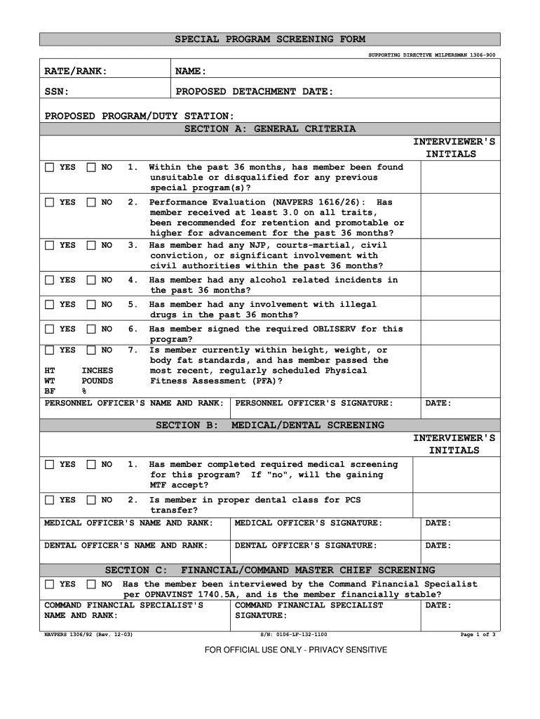 Navpers 1306 92  Form