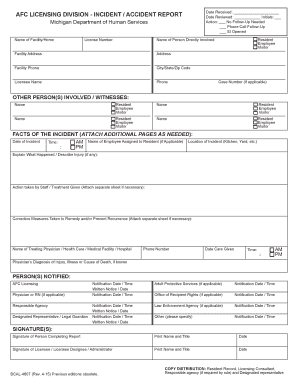 BCAL 4607 Fillable, AFC Licensing Division IncidentAccident Report AFC Licensing Division IncidentAccident Report Michigan  Form