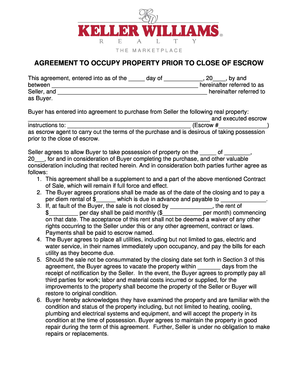 AGREEMENT to OCCUPY PROPERTY PRIOR to CLOSE of ESCROW  Form