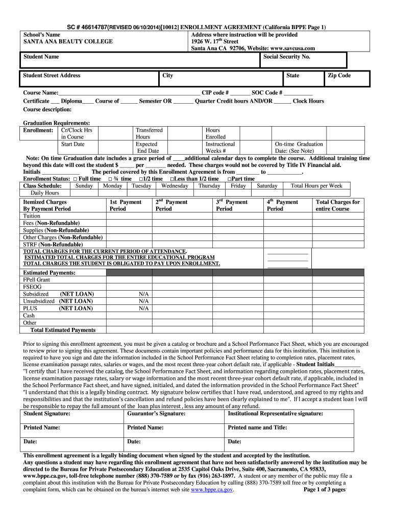  Enrollment Agreement Bppe Form 2014-2024