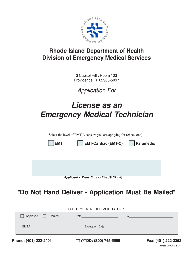  EMT Application Department of Health RI Gov Health Ri 2015