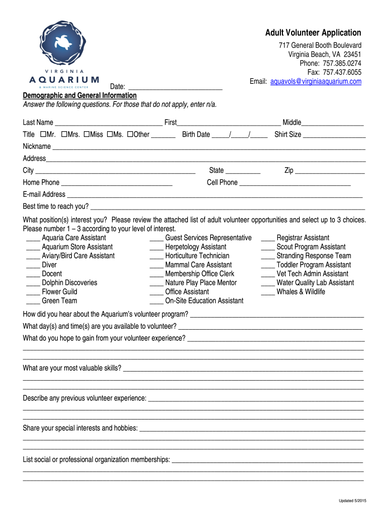  Adult Volunteer Application  Virginia Aquarium 2015