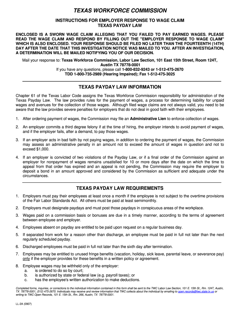 Form LL 2 and LL 2A Form for Responding to a Wage Claim Texas Payday Law Wage Claim