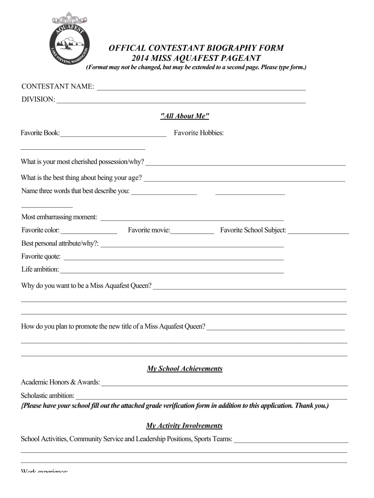 Pageant Bio Template  Form