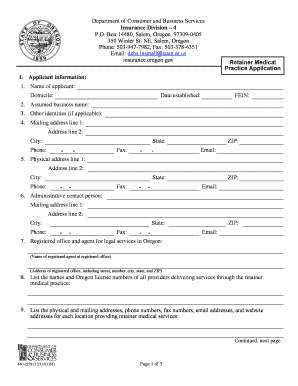 Retainer Medical Practice Application Form 440 2278 Oregon Gov Oregon