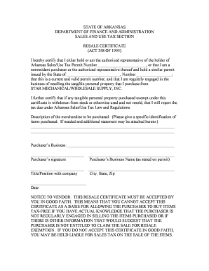 Arkansas Resale Certificate PDF  Form
