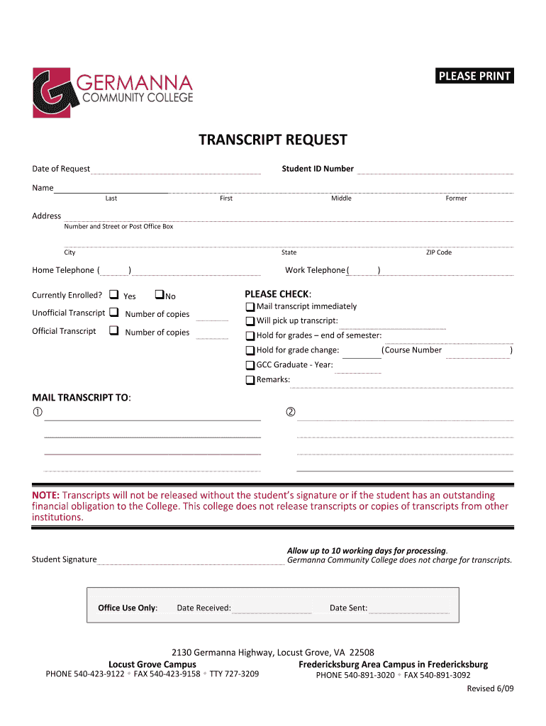  How to Request De Transcript from Germanna  Form 2009