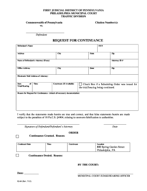 REQUEST for CONTINUANCE the Philadelphia Courts Courts Phila  Form