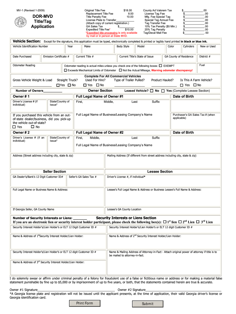  Georgia Mv 1 Form Instructions 2013