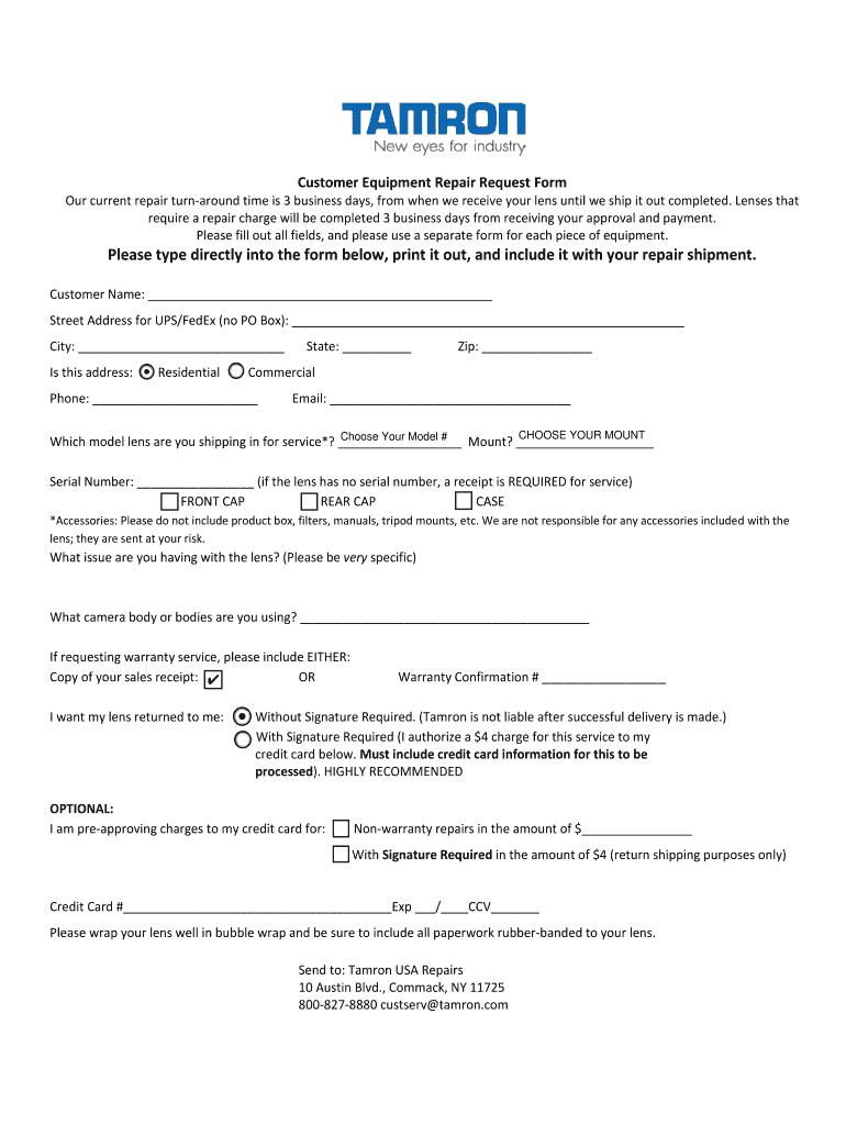 Tamron Repair  Form