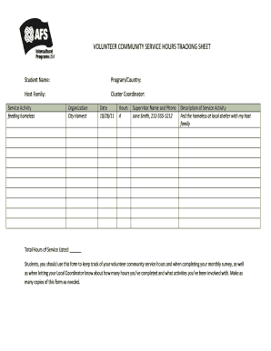 VOLUNTEER COMMUNITY SERVICE HOURS TRACKING SHEET  Form