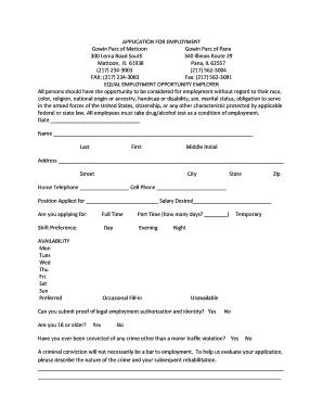 APPLICATION for EMPLOYMENT Gowin Parc of Mattoon Gowin  Form