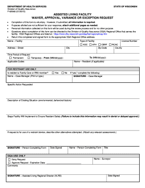 Assisted Living Facility Request for Waiver, Approval, Variance or Exception, F 62548 1100 Dhs Wisconsin  Form