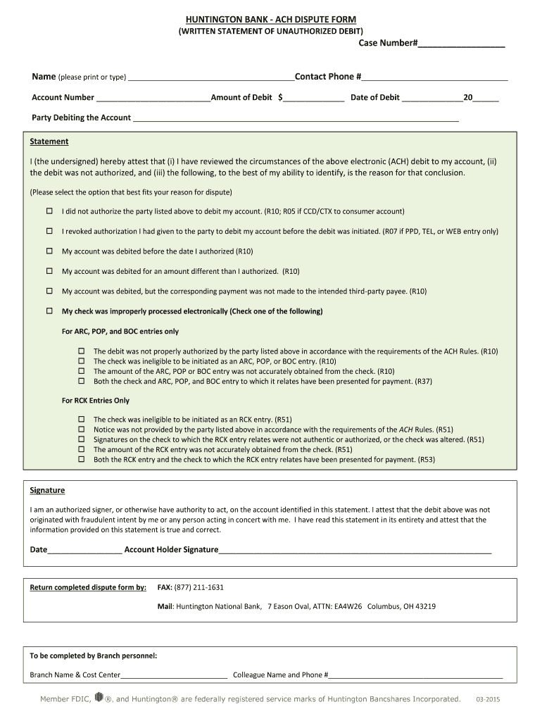  Huntington Dispute Form 2015-2024