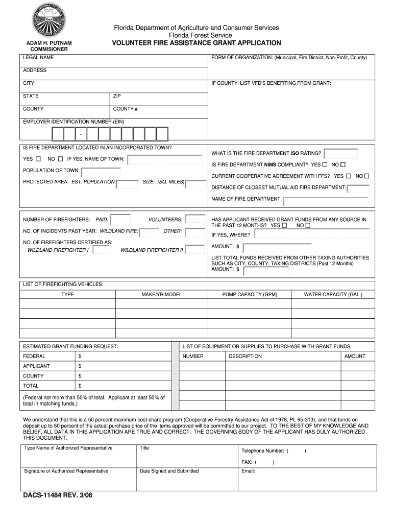  Volunteer Fire Assistance Grant Application  Florida Department of 2006-2024