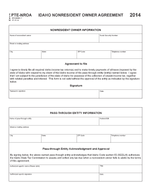 Idaho Nonresident Owner Agreement Pte Nroa Idaho State Tax Tax Idaho  Form